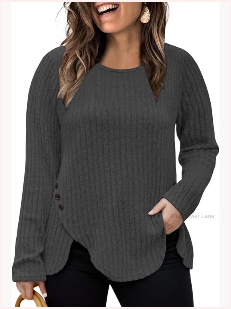 Plus Size Tulip Hem Long Sleeve Knit Top Button Decor Tunic